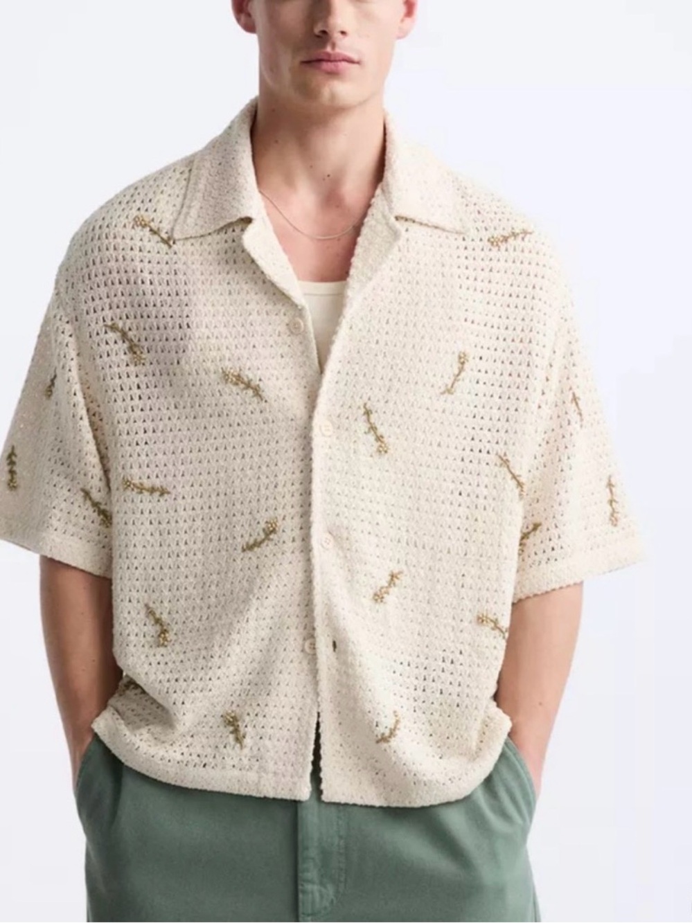 Zara Men’s Knit Short Sleeve Button-Down Shirt with Gold Embroidery